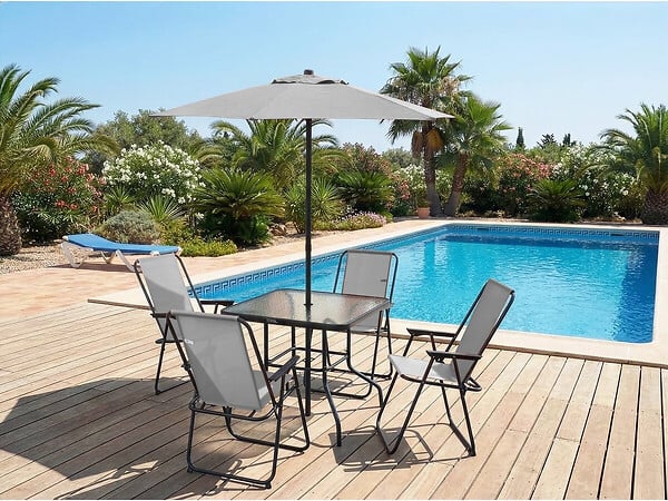 HABITAT ET JARDIN - Table et chaises de jardin avec parasol en métal "Convivia" - 4 places - Gris clair - large