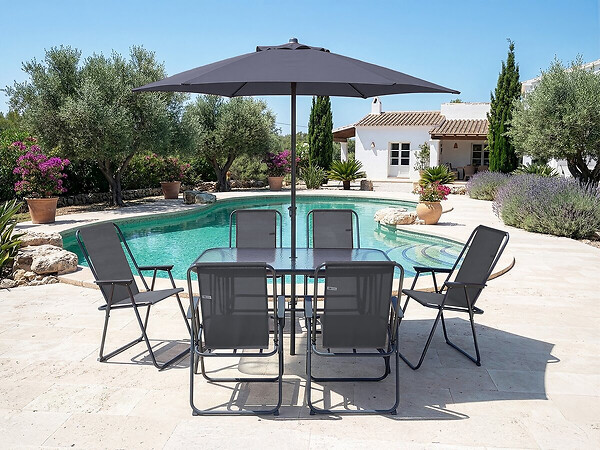 HABITAT ET JARDIN - Table et chaises de jardin avec parasol en métal "Convivia" - 6 places - Gris anthracite - large