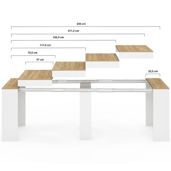 ID MARKET - Table console extensible ORLANDO 10 personnes 235 cm bois blanc et façon hêtre - large