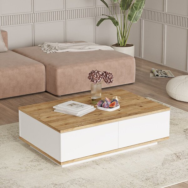 HABITAT ET JARDIN - Table basse en bois "FR14" - 90 x 60 x 28 cm - Pin atlantiqueBlanc - large