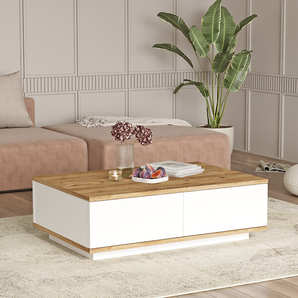 HABITAT ET JARDIN - Table basse en bois "FR14" - 90 x 60 x 28 cm - Pin atlantiqueBlanc - large
