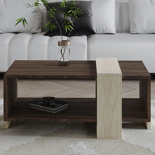 HABITAT ET JARDIN - Table basse en bois "Meleni" - 90 x 49 x 40 cm - Travertin - large