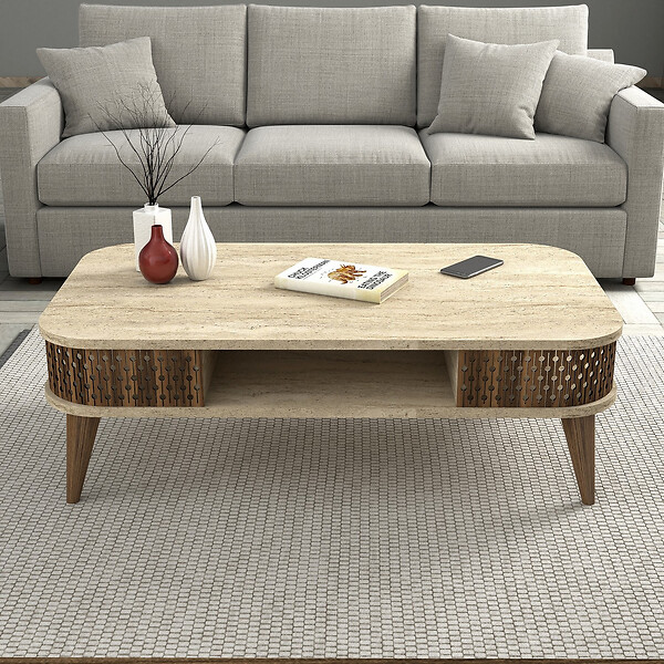 HABITAT ET JARDIN - Table basse en bois "Eylul" - 105 x 60 x 35 cm - Travertin - large