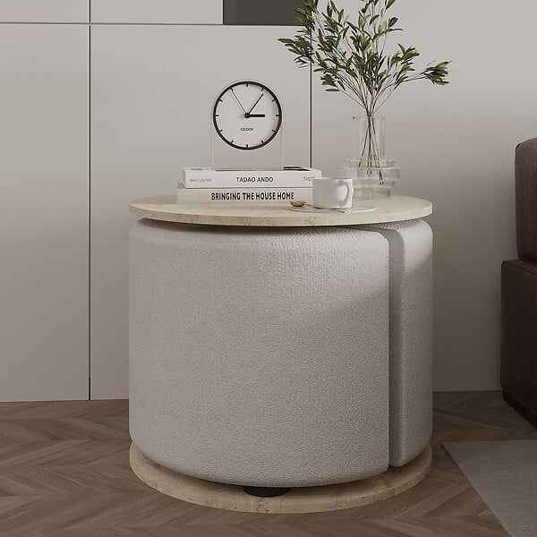 HABITAT ET JARDIN - Table d'appoint avec pouf en bois "Vexana" - 43 x 43 x 47 cm - Travertin - large