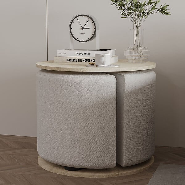 HABITAT ET JARDIN - Table d'appoint avec pouf en bois "Vexana" - 43 x 43 x 47 cm - Travertin - large