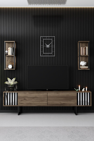 HABITAT ET JARDIN - Meuble TV en bois "Chrome Line" - 180 x 30 x 48 cm - NoyerNoir - large