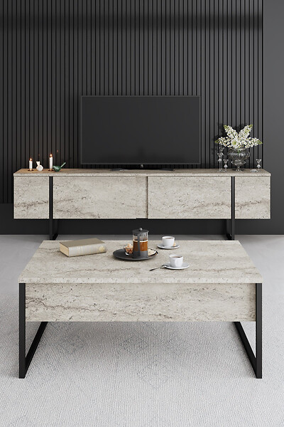 HABITAT ET JARDIN - Meuble TV en bois "Luxe" - 180 x 30 x 50 cm - TravertinNoir - large