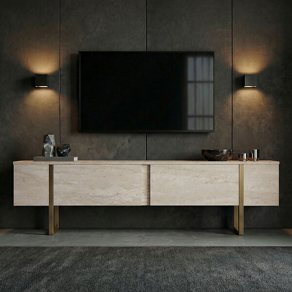 HABITAT ET JARDIN - Meuble TV en bois "Onera" - 180 x 30 x 50 cm - Travertin / Or - large