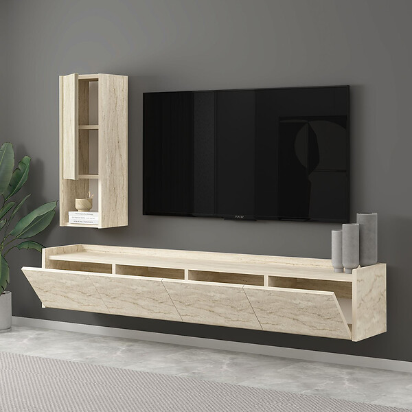 HABITAT ET JARDIN - Meuble TV avec étagère murale en bois "Sema" - 160 x 30 x 35 cm - Travertin - large