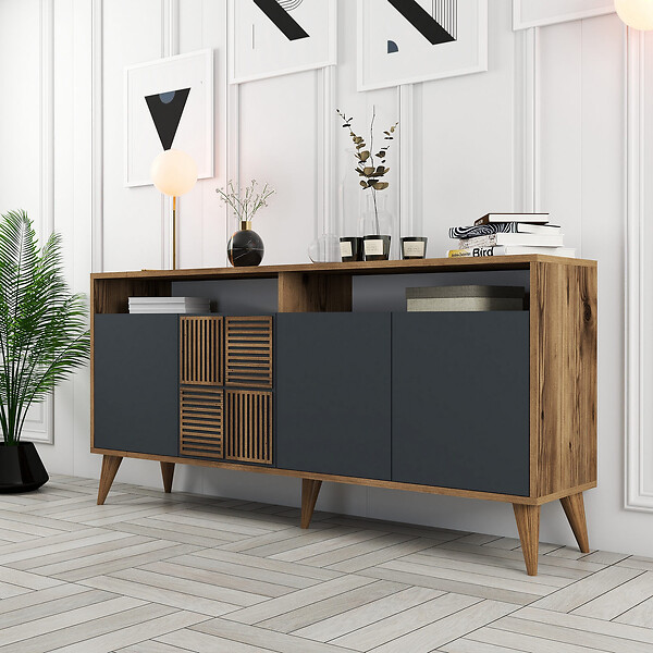 HABITAT ET JARDIN - Buffet en bois "Milan" - 160 x 35 x 78 cm - Noyer, Anthracite - large
