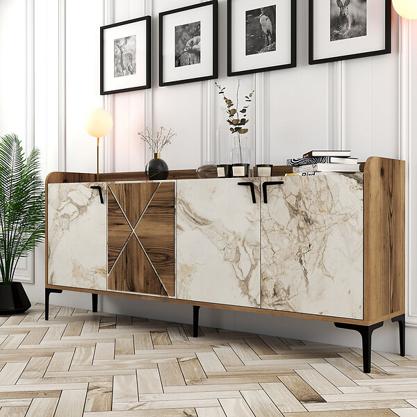 HABITAT ET JARDIN - Buffet en bois "Venedik" - 180 x 35 x 78 cm - Blanc marbré - large