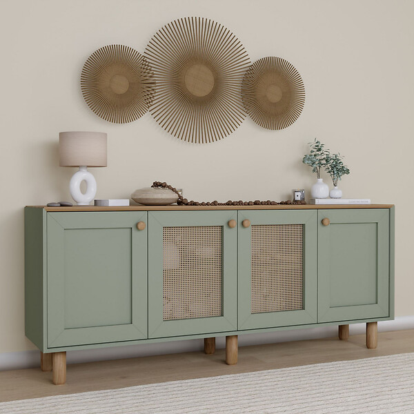 HABITAT ET JARDIN - Buffet en bois et cannage "Bohemian" - 180 x 40 x 75 cm - Vert - large