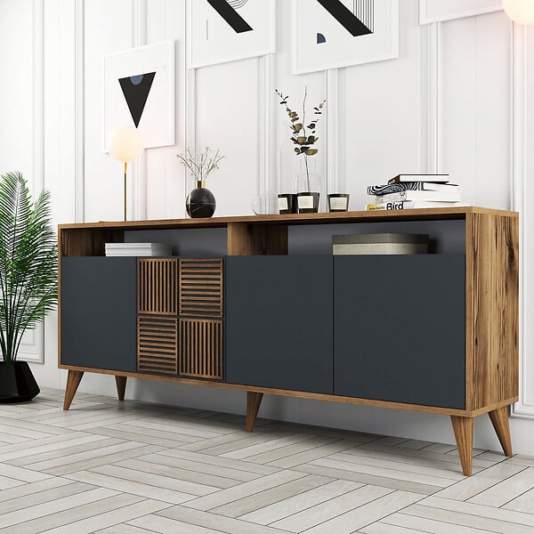 HABITAT ET JARDIN - Buffet en bois "Milan" - 180 x 35 x 78 cm - Noyer Anthracite - large