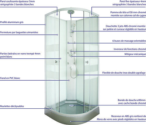ONDEE - Cabine de douche hydromassante AMELIA - Porte Coulissante - Gris - 1/4 C - 80cm - large