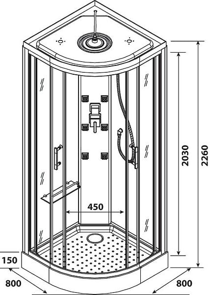 ONDEE - Cabine de douche hydromassante MERIDA - Porte coulissante - quart de cercle 80cm - large