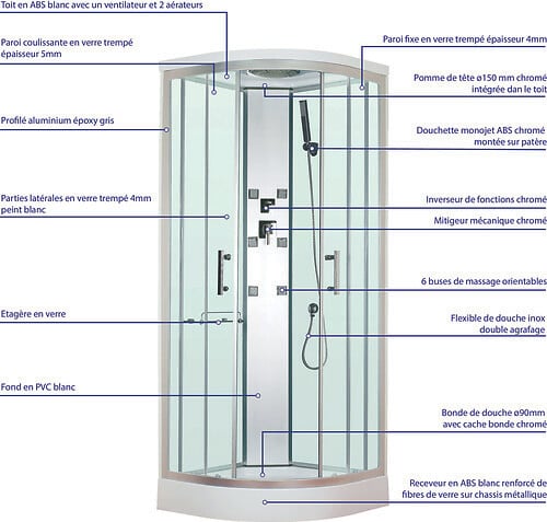 ONDEE - Cabine de douche hydromassante MERIDA - Porte coulissante - quart de cercle 80cm - large