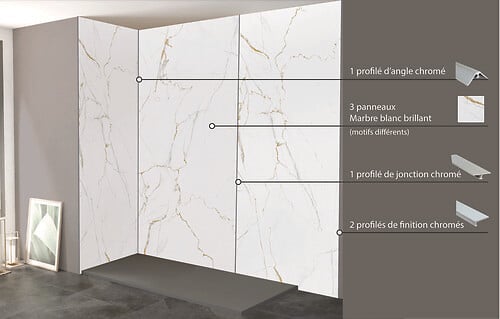 ONDEE - Pack complet de montage panneaux muraux Marbre Blanc 200 cm- Profilé chromé inclus - large