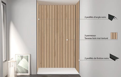 ONDEE - Pack montage 3 panneaux muraux en niche - Tasseau bois 120 cm - profilés noirs - large