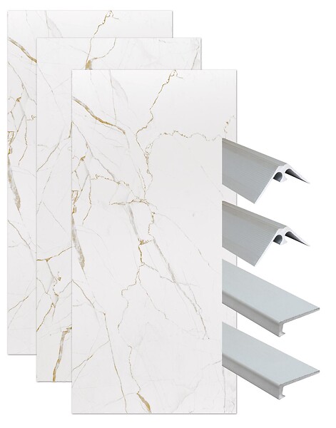 ONDEE - Pack montage 3 panneaux muraux en niche - marbre blanc 120 cm - profilés chromés - large