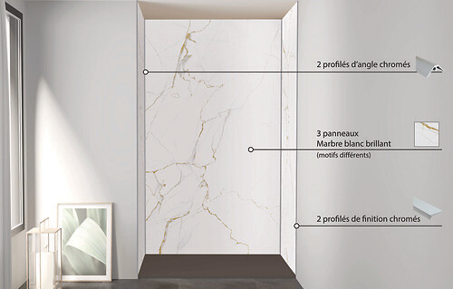 ONDEE - Pack montage 3 panneaux muraux en niche - marbre blanc 120 cm - profilés chromés - large