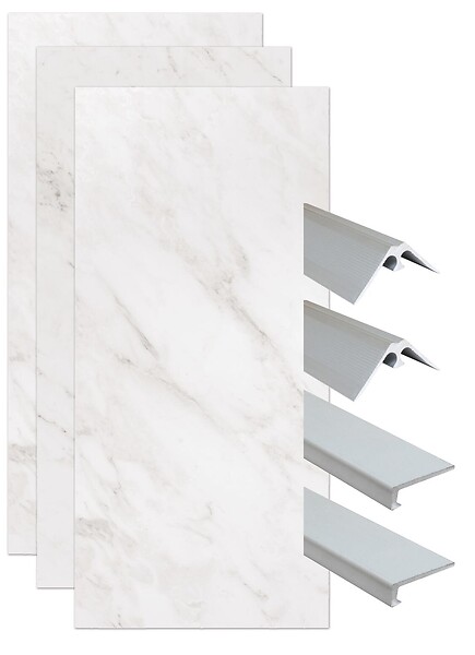 ONDEE - Pack montage 3 panneaux muraux en niche - marbre gris 120 cm - profilés chromés - large
