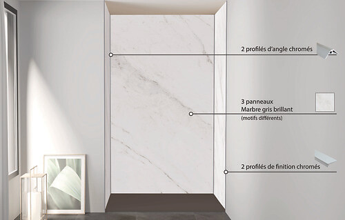 ONDEE - Pack montage 3 panneaux muraux en niche - marbre gris 120 cm - profilés chromés - large