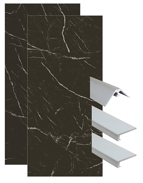 ONDEE - Pack complet de montage panneaux muraux Marbre Noir 120 cm - Profilé chromé inclus - large