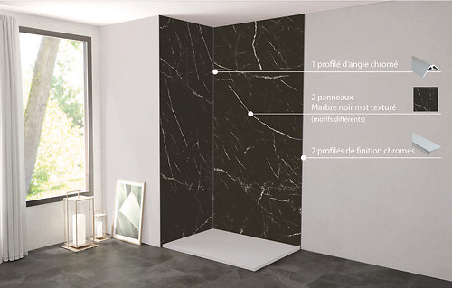 ONDEE - Pack complet de montage panneaux muraux Marbre Noir 120 cm - Profilé chromé inclus - large