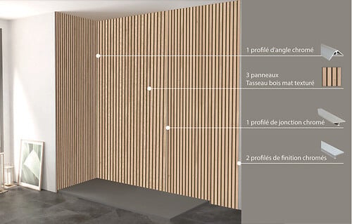 ONDEE - Pack complet de montage panneaux muraux Tasseau bois 200 cm - Profilé chromé inclus - large