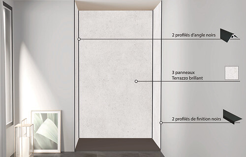 ONDEE - Pack de montage 3 panneaux muraux en niche - Terrazzo 120 cm - profilés noirs - large