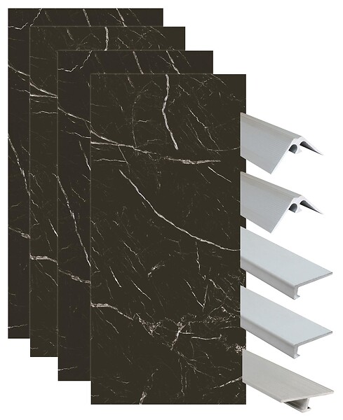 ONDEE - Pack montage 4 panneaux muraux en niche - marbre noir 200 cm - profilés chromés - large