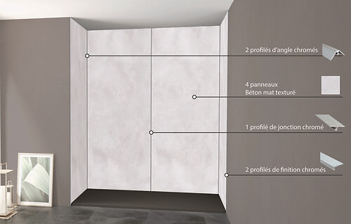 ONDEE - Pack de montage 4 panneaux muraux en niche - Béton 200 cm - profilés chromés - large