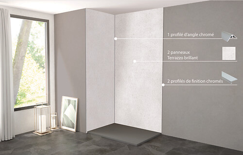 ONDEE - Pack complet de montage panneaux muraux Terrazzo 120 cm - Profilé chromé inclus - large