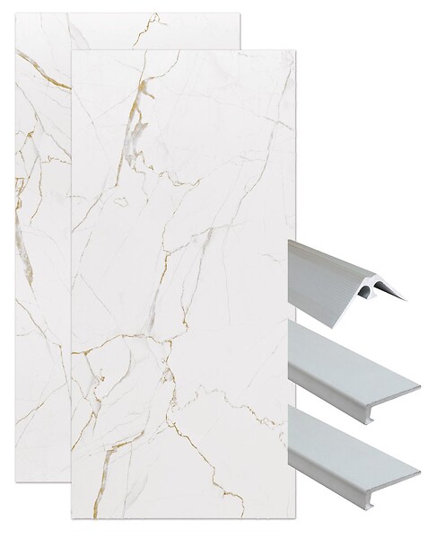 ONDEE - Pack montage 2 panneaux muraux en angle - marbre blanc 120 cm - profilés chromés - large