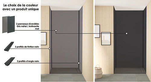 ONDEE - Pack montage 3 Panneaux muraux  en niche -  Gris & Anthracite 120 cm - profilés noirs - large