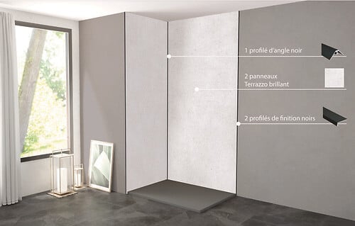 ONDEE - Pack complet de montage panneaux muraux Terrazzo 120 cm - Profilé noir inclus - large