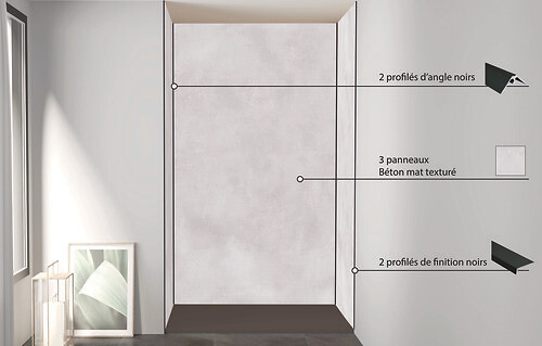 ONDEE - Pack de montage 3 panneaux muraux en niche - Béton 120 cm - profilés noirs - large