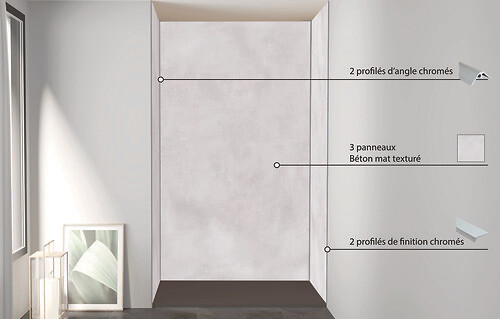 ONDEE - Pack de montage 3 panneaux muraux en niche - Béton 120 cm - profilés chromés - large