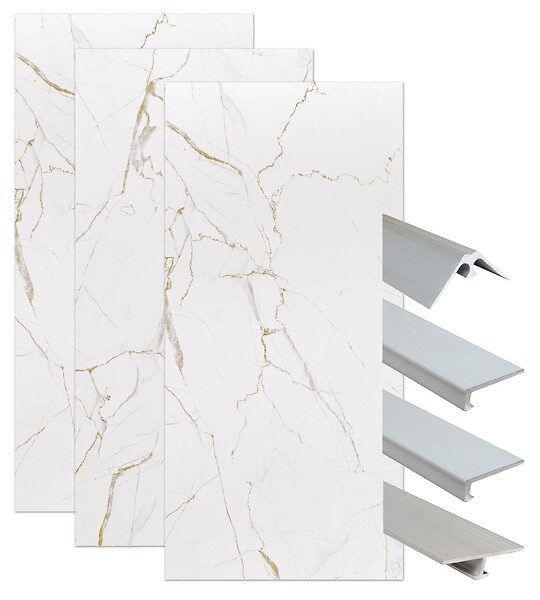ONDEE - Pack de montage panneaux muraux Marbre Blanc effet mat 200 cm - Profilé chromé - large