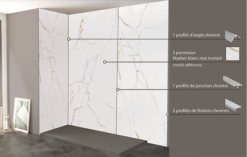 ONDEE - Pack de montage panneaux muraux Marbre Blanc effet mat 200 cm - Profilé chromé - large