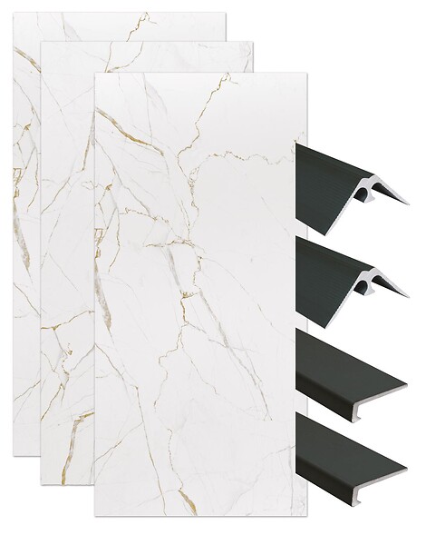 ONDEE - Pack montage 3 panneaux muraux en niche - marbre blanc mat 120 cm - profilés noirs - large