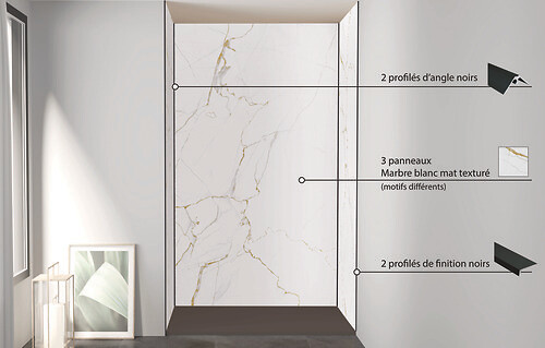 ONDEE - Pack montage 3 panneaux muraux en niche - marbre blanc mat 120 cm - profilés noirs - large