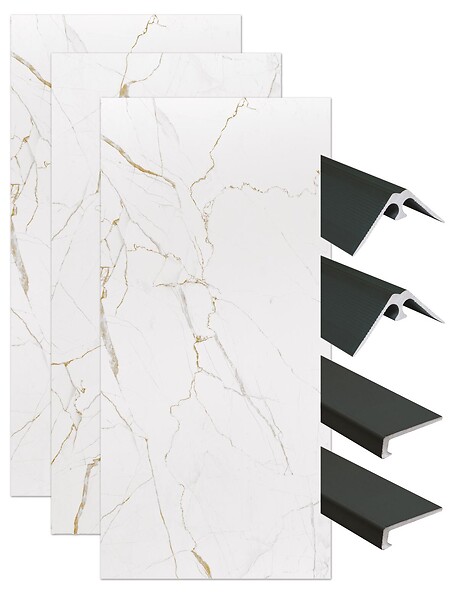 ONDEE - Pack montage 3 panneaux muraux en niche - marbre blanc 120 cm - profilés noirs - large