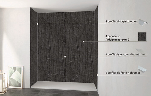 ONDEE - Pack de montage 4 panneaux muraux en niche - Ardoise 200 cm - profilés chromés - large