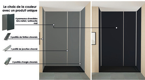 ONDEE - Pack montage 4 Panneaux muraux  en niche -  Gris & Anthracite 200 cm - profilés chromés - large
