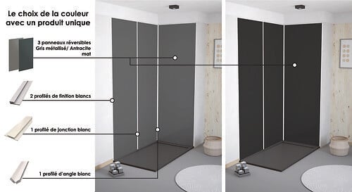 ONDEE - Pack montage 3 panneaux muraux en angle -  gris & anthracite 200 cm - profilés blanc - large