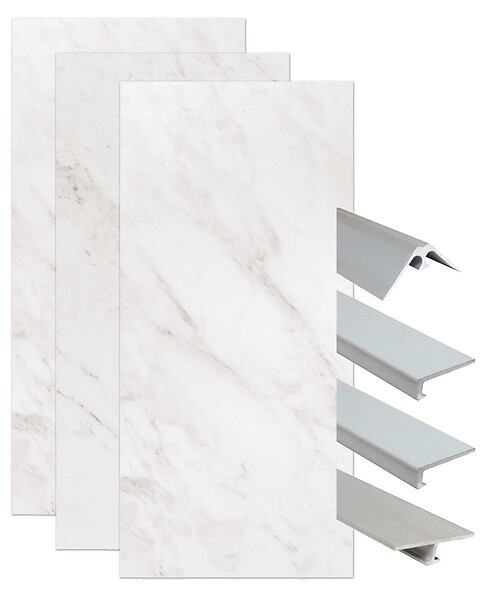 ONDEE - Pack complet de montage panneaux muraux Marbre Gris 120 cm - Profilé noir inclus - large