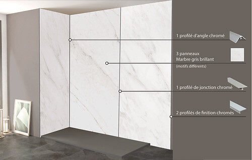 ONDEE - Pack complet de montage panneaux muraux Marbre Gris 120 cm - Profilé noir inclus - large