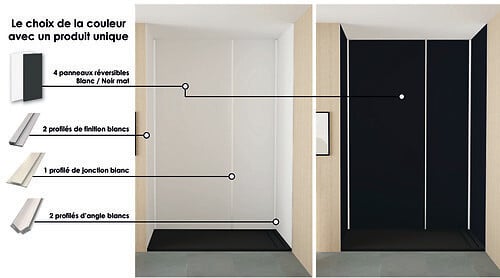 ONDEE - Pack montage 4 panneaux muraux en niche -  Blanc & Noir 200 cm - profilés blanc - large