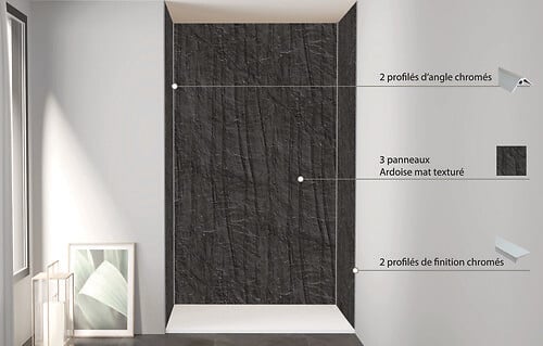 ONDEE - Pack de montage 3 panneaux muraux en niche - Ardoise 120 cm - profilés chromés - large